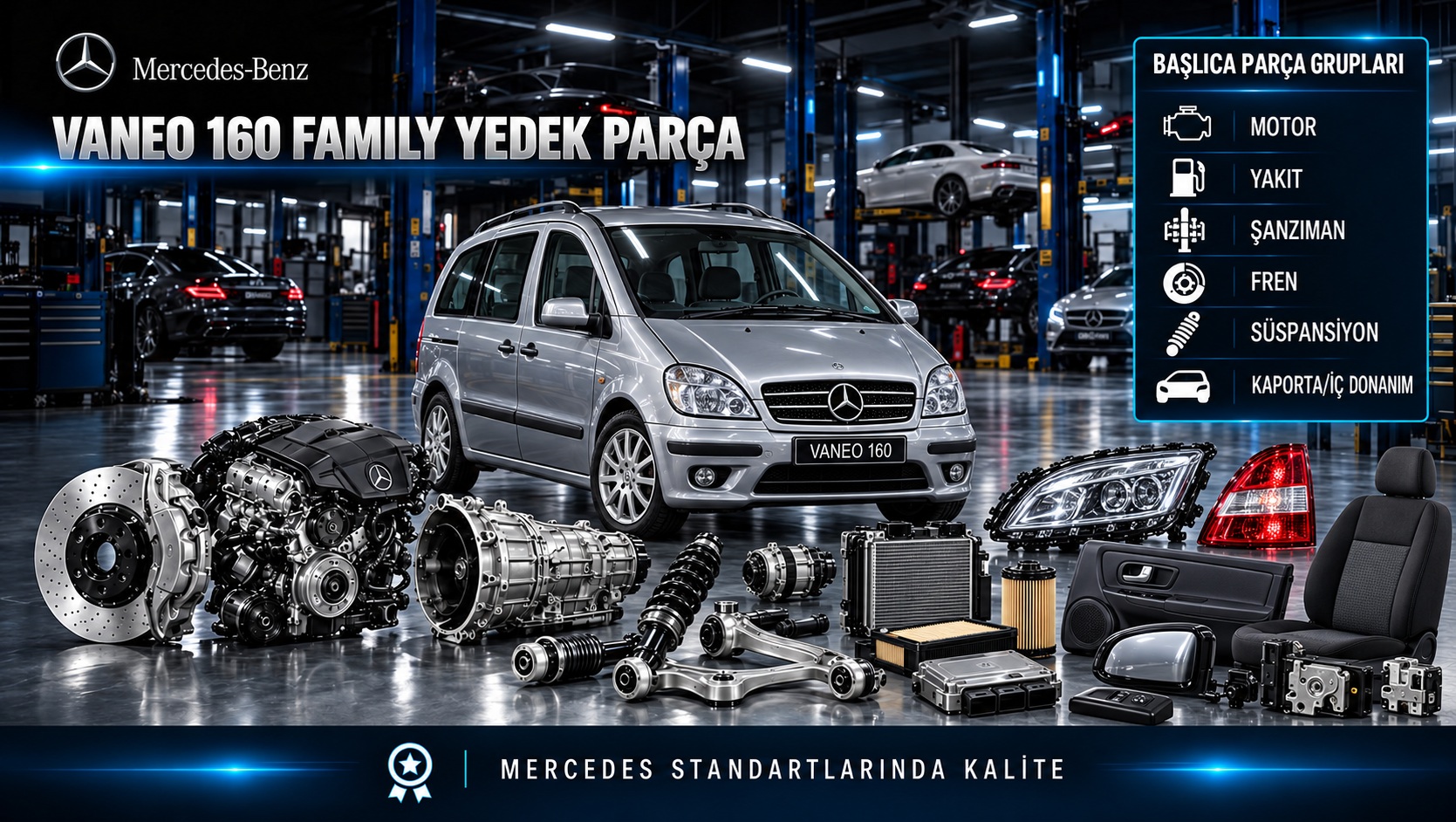 Mercedes Vaneo 160 Family kompakt aile aracı ve motor, fren, süspansiyon ile iç donanım parçaları