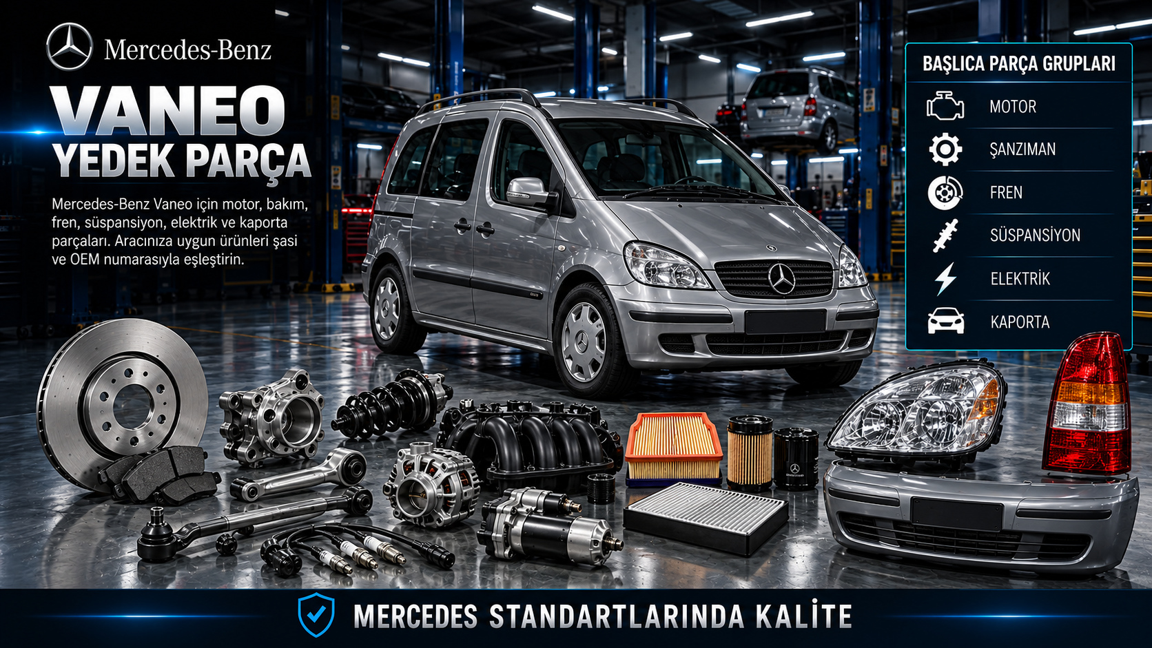 Mercedes-Benz Vaneo için motor, bakım, fren, süspansiyon ve minivan gövde parçaları