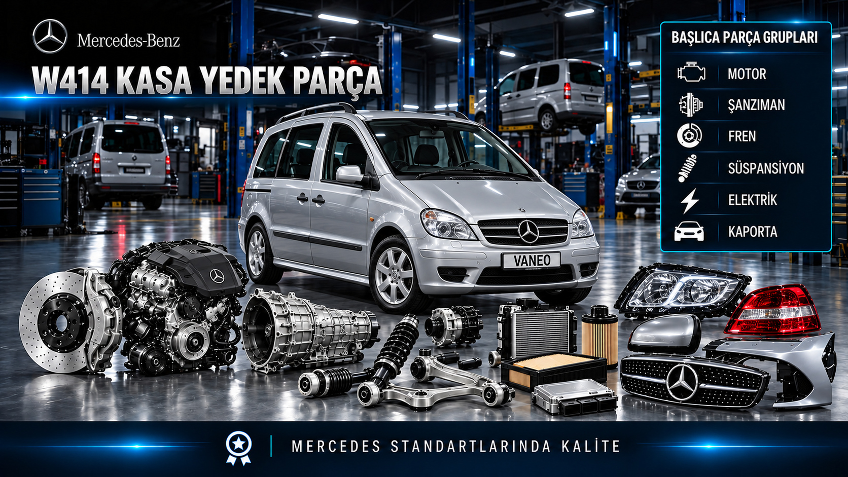 Mercedes Vaneo W414 motor, bakım, fren, süspansiyon, kapı ve minivan gövde parçaları