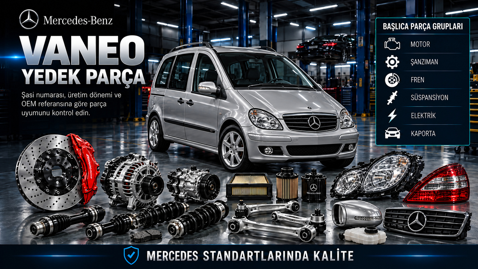 Mercedes Vaneo motor, şanzıman, fren, süspansiyon, kapı ve kabin parçaları