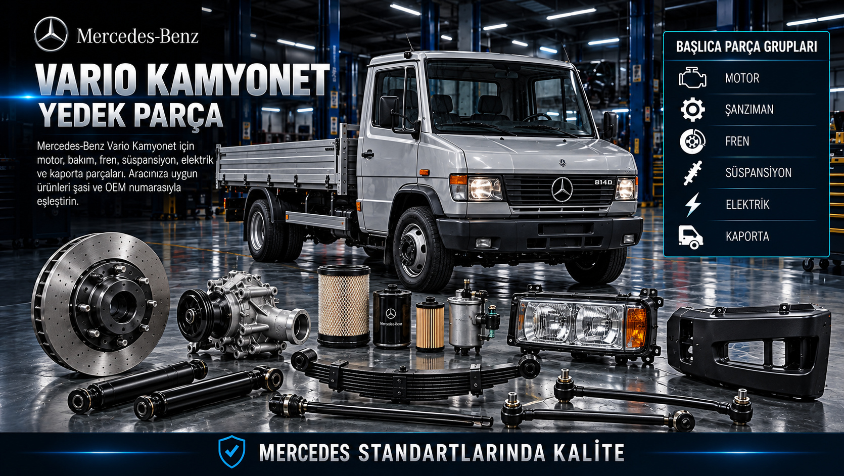 Mercedes-Benz Vario kamyonet için motor, bakım, debriyaj, fren, süspansiyon ve kabin parçaları