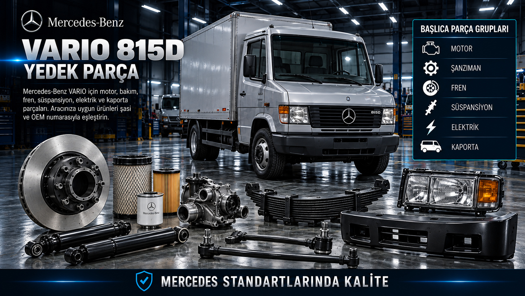 Mercedes-Benz Vario için kasa koduna göre motor, debriyaj, fren, süspansiyon ve ticari gövde parçaları