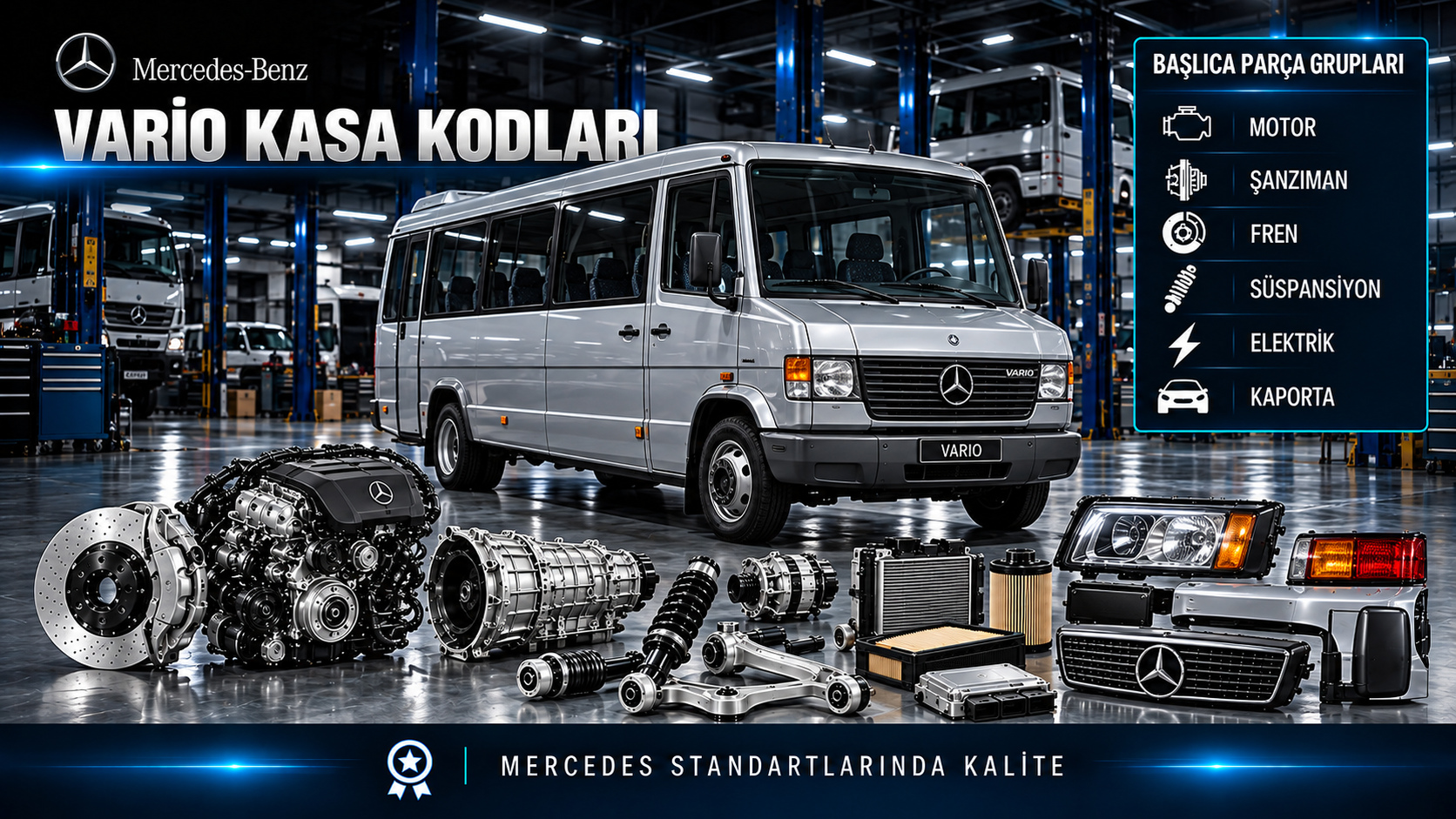 Mercedes Vario midibüs kasa seçimi, motor, fren, süspansiyon, aktarma ve gövde parçaları
