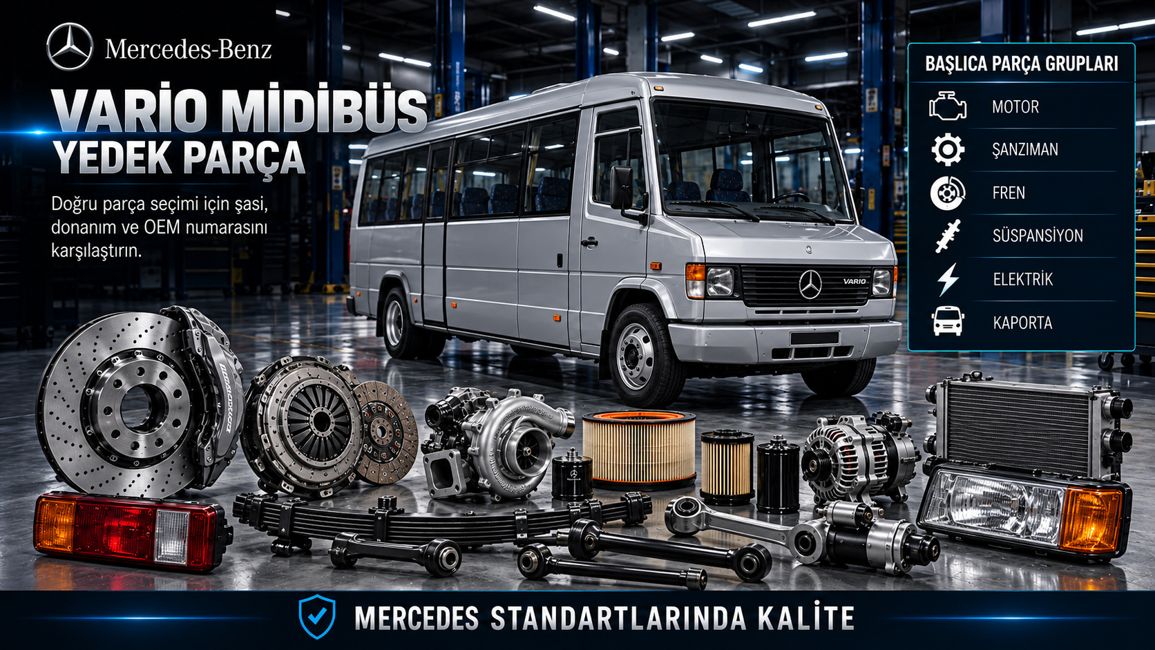 Mercedes Vario midibüs motor, fren, süspansiyon, yolcu kapısı, cam ve klima parçaları