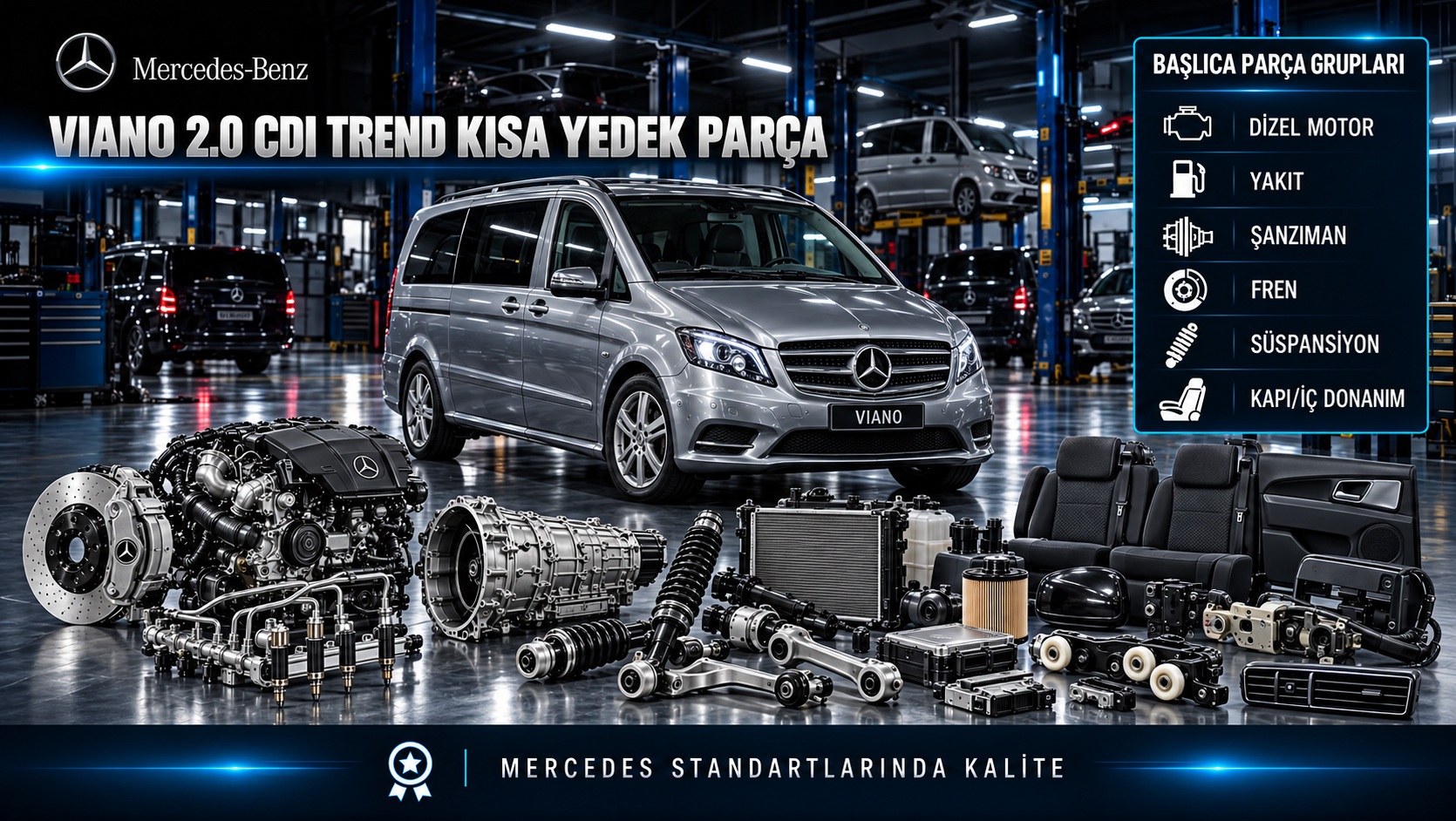 Mercedes Viano 2.0 CDI Trend kısa gövde ve dizel motor, fren, kapı, iç donanım parçaları