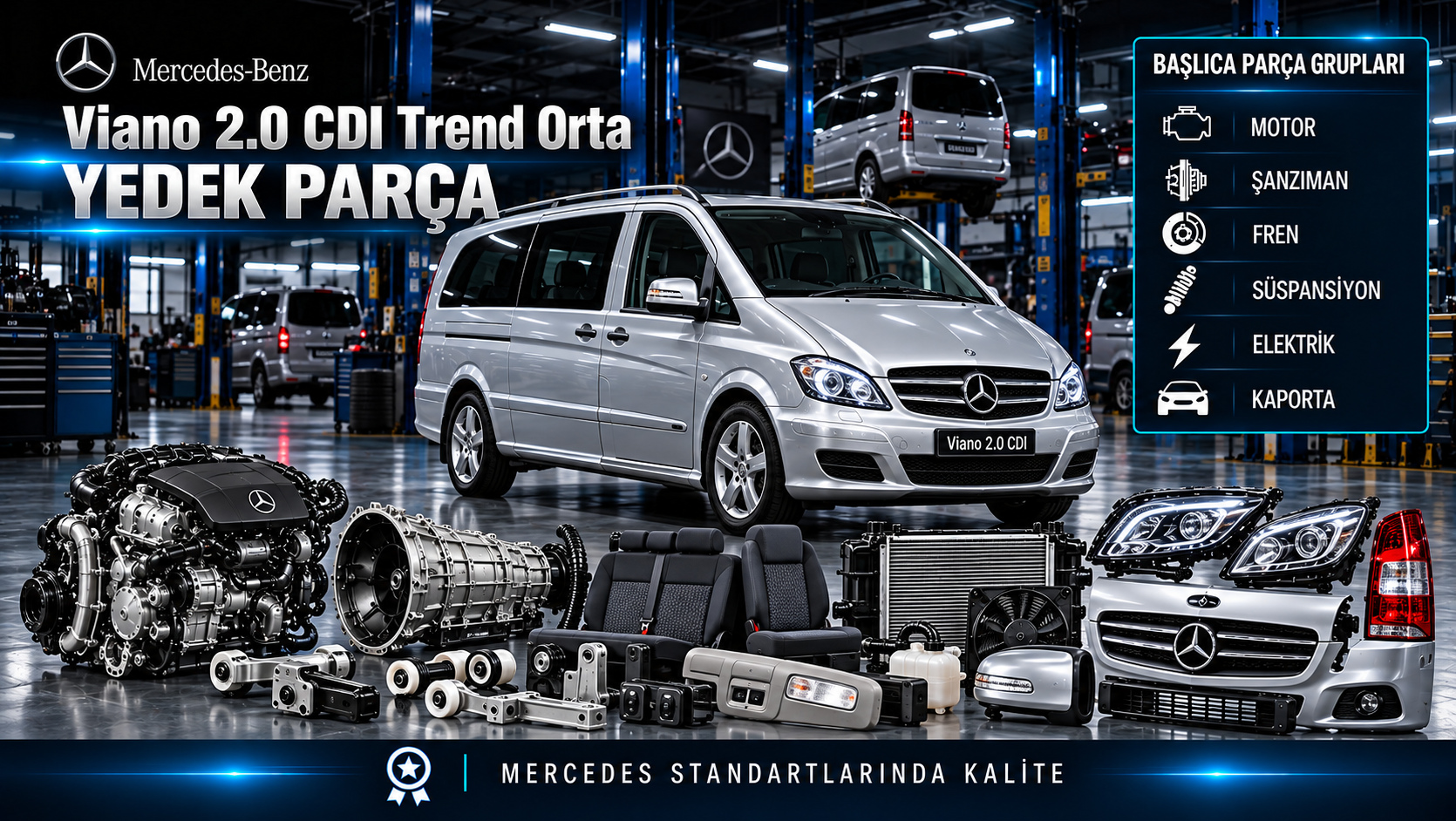 Mercedes-Benz Viano 2.0 CDI Trend Orta için dizel motor, bakım, fren, kapı ve yolcu kabini parçaları