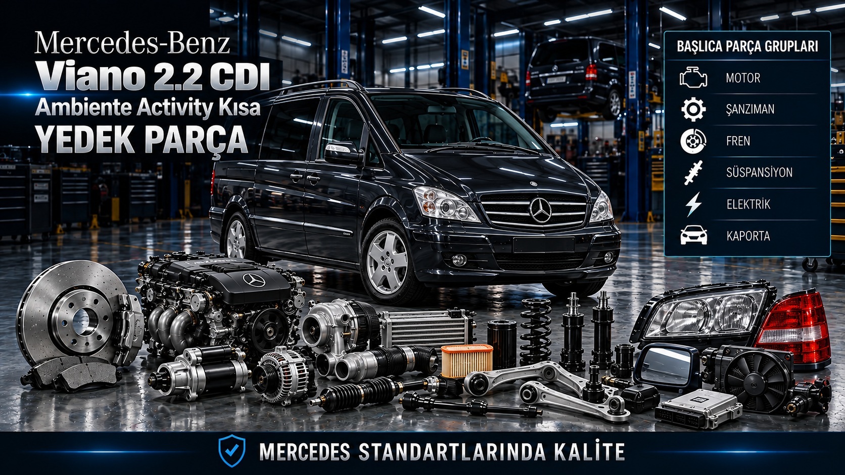 Mercedes-Benz Viano 2.2 CDI Ambiente Activity kısa gövde motor, fren ve yolcu konfor parçaları