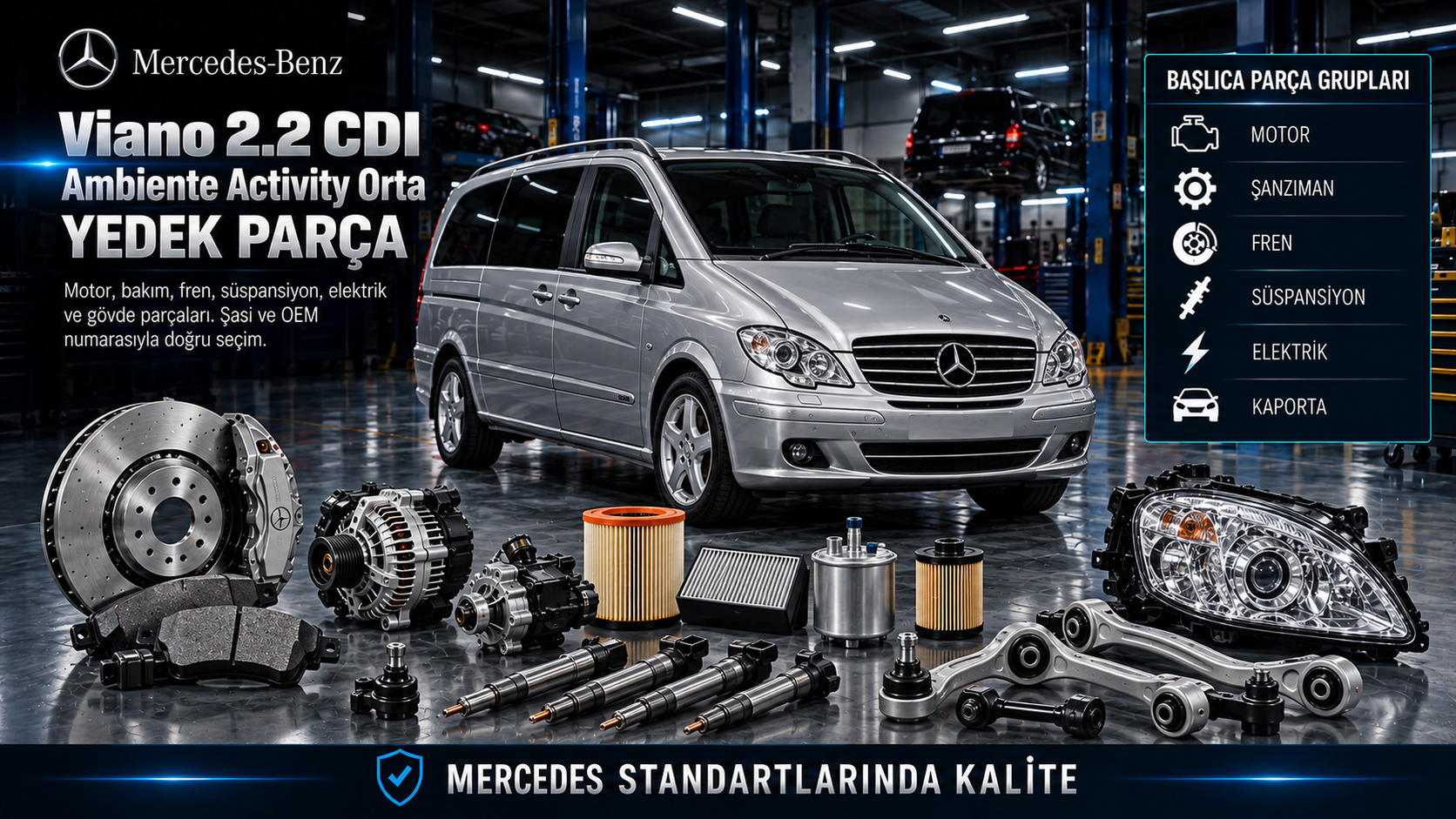 Mercedes Viano 2.2 CDI Ambiente Activity Orta motor, şanzıman, fren, süspansiyon ve gövde yedek parçaları