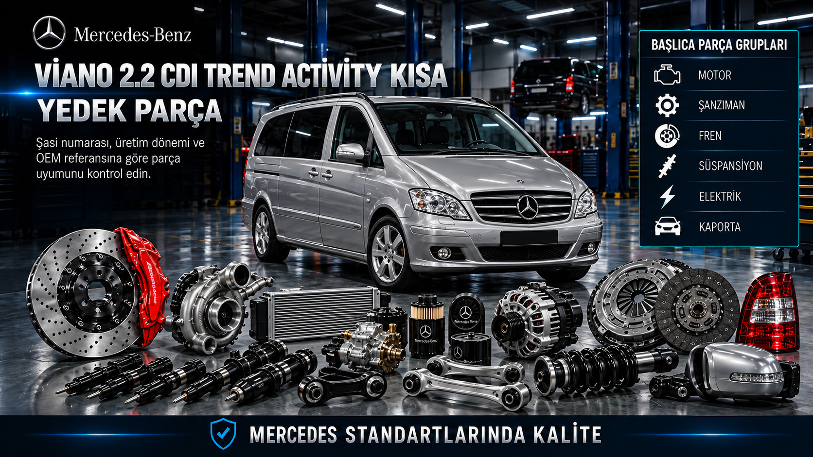 Mercedes Viano 2.2 CDI Trend Activity Kısa dizel motor, şanzıman, yolcu kabini ve sürgülü kapı parçaları