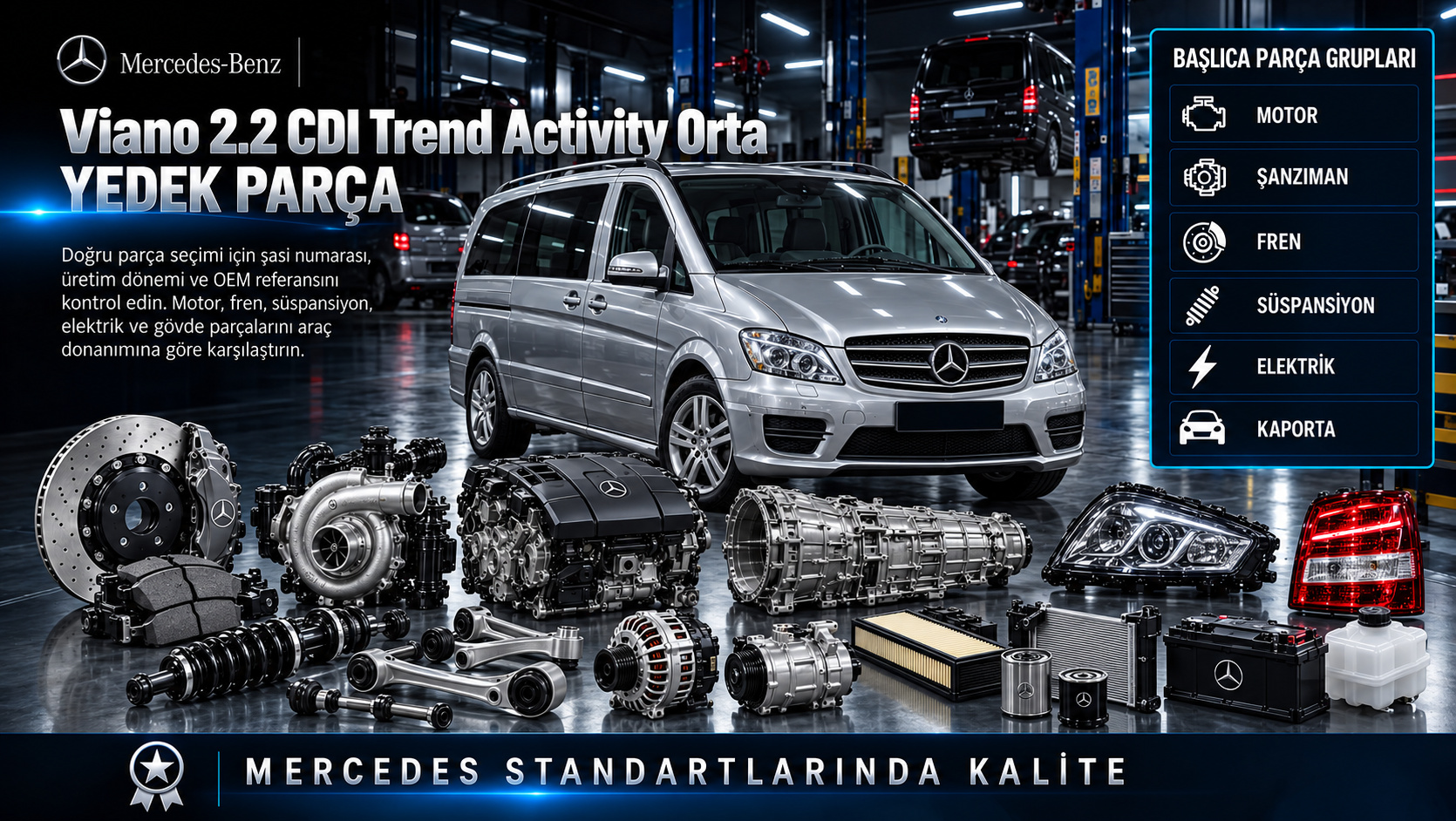 Mercedes Viano 2.2 CDI Trend Activity Orta Yedek Parça: motor, aktarma, fren, süspansiyon ve gövde parçaları