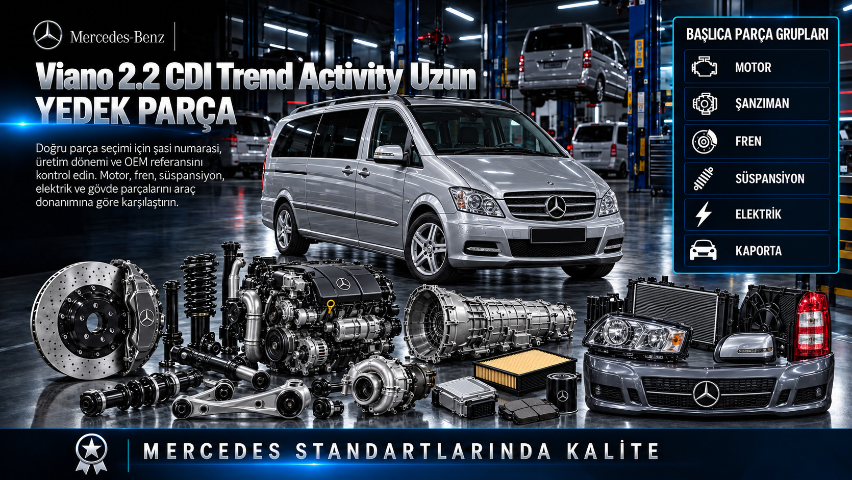 Mercedes Viano 2.2 CDI Trend Activity Uzun motor, şanzıman, uzun gövde ve yolcu kabini parçaları