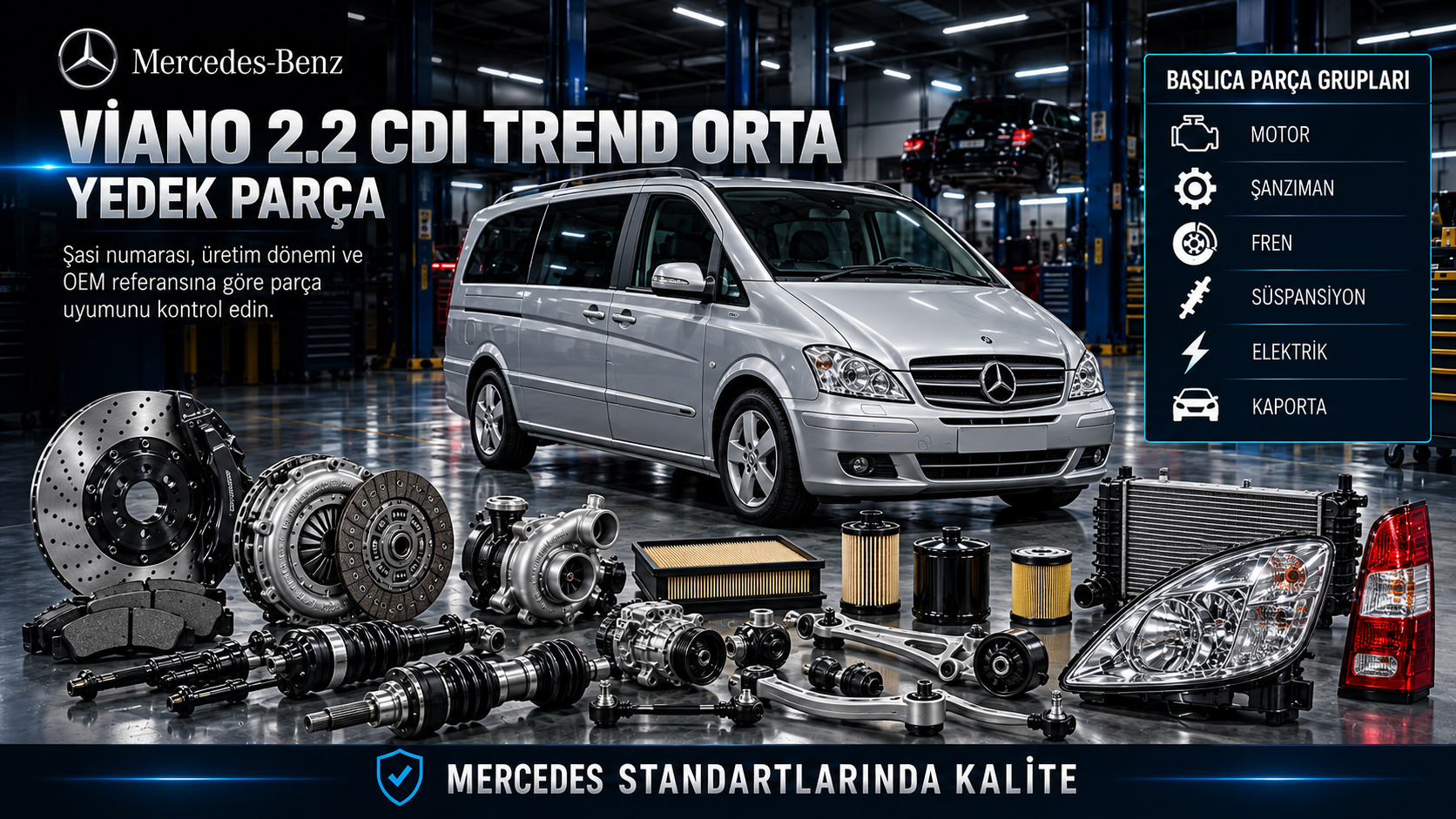 Mercedes Viano 2.2 CDI Trend Orta dizel motor, yolcu kabini, sürgülü kapı ve süspansiyon parçaları