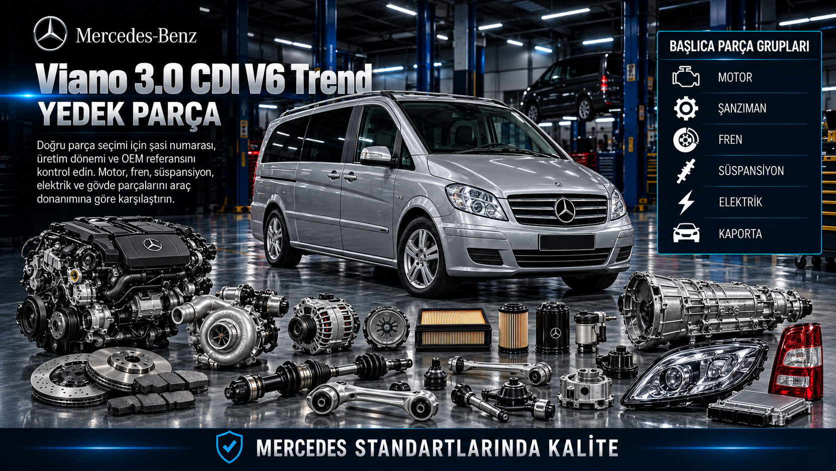 Mercedes Viano 3.0 CDI V6 Trend dizel motor, şanzıman ve yolcu kabini parçaları