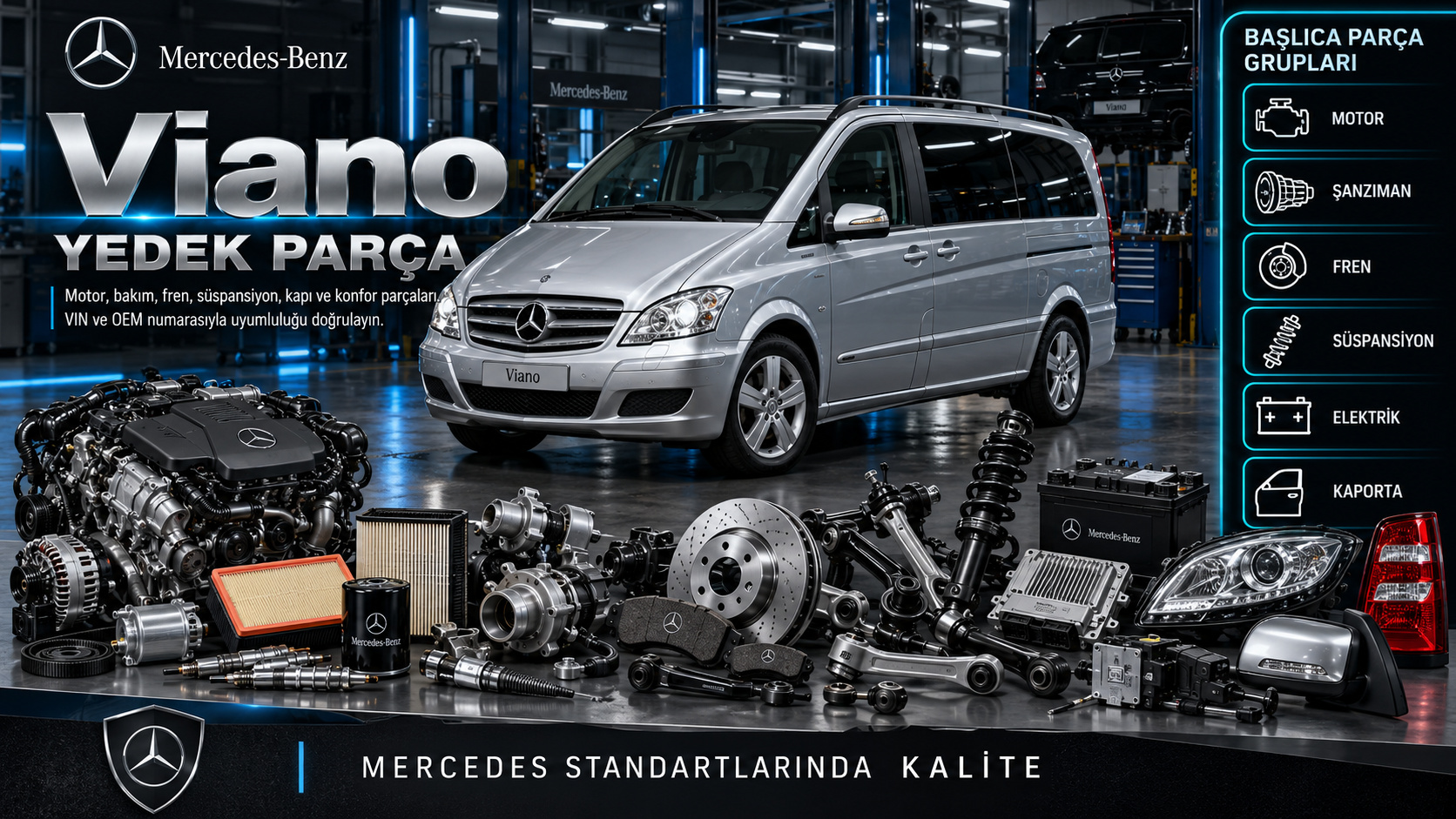 Mercedes Viano motor, bakım, fren, süspansiyon, kapı ve konfor yedek parçaları
