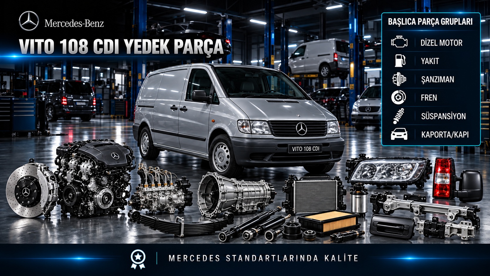 Mercedes Vito 108 CDI ticari van ve dizel motor, şanzıman, fren, süspansiyon parçaları