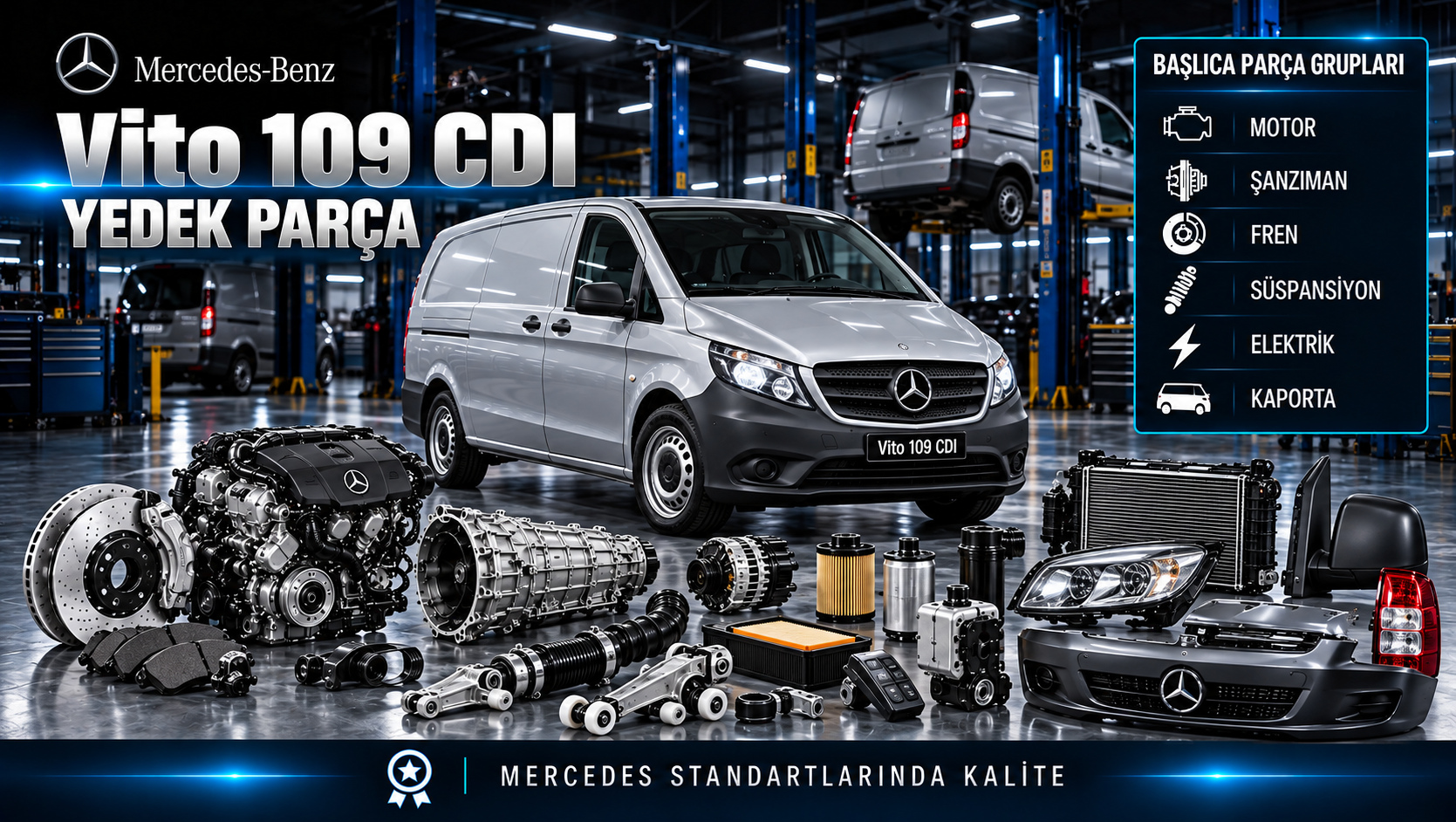 Mercedes-Benz Vito 109 CDI için dizel bakım, motor, fren, aktarma ve ticari gövde parçaları