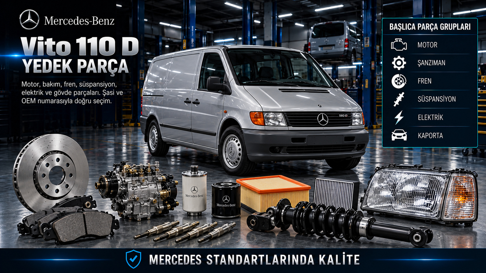 Mercedes Vito 110 D dizel motor, yakıt sistemi, debriyaj, fren ve kaporta yedek parçaları