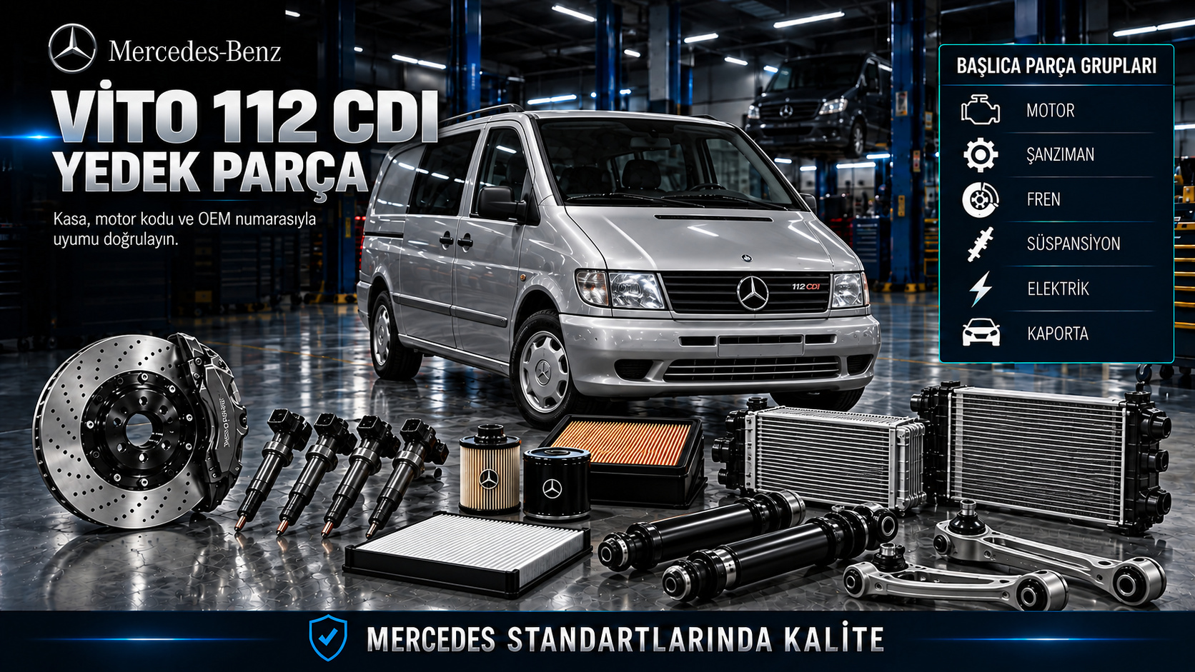 Mercedes Vito 112 CDI dizel motor, aktarma, sürgülü kapı, fren ve süspansiyon parçaları
