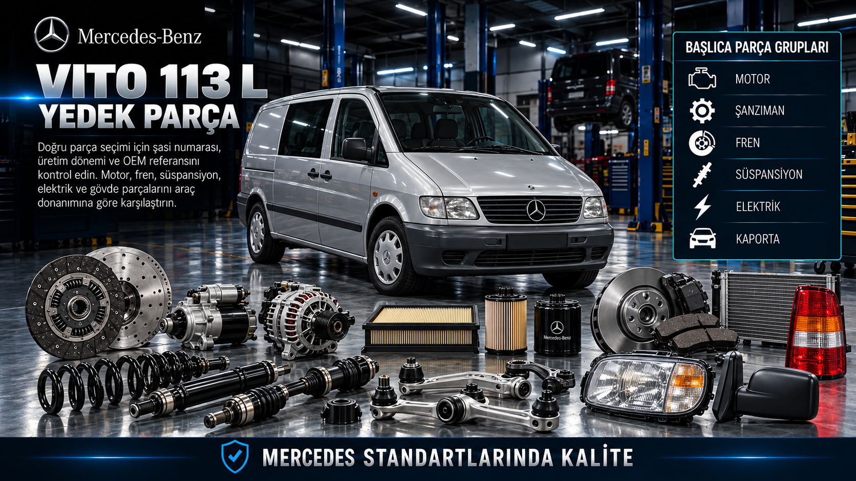Mercedes Vito 113 L Yedek Parça: araç ve ilgili motor, fren, süspansiyon, elektrik ve gövde parçaları