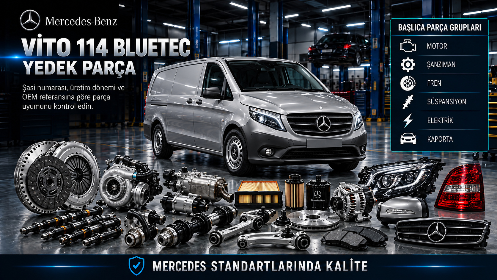 Mercedes Vito 114 BlueTec dizel motor, emisyon, şanzıman, fren ve sürgülü kapı parçaları