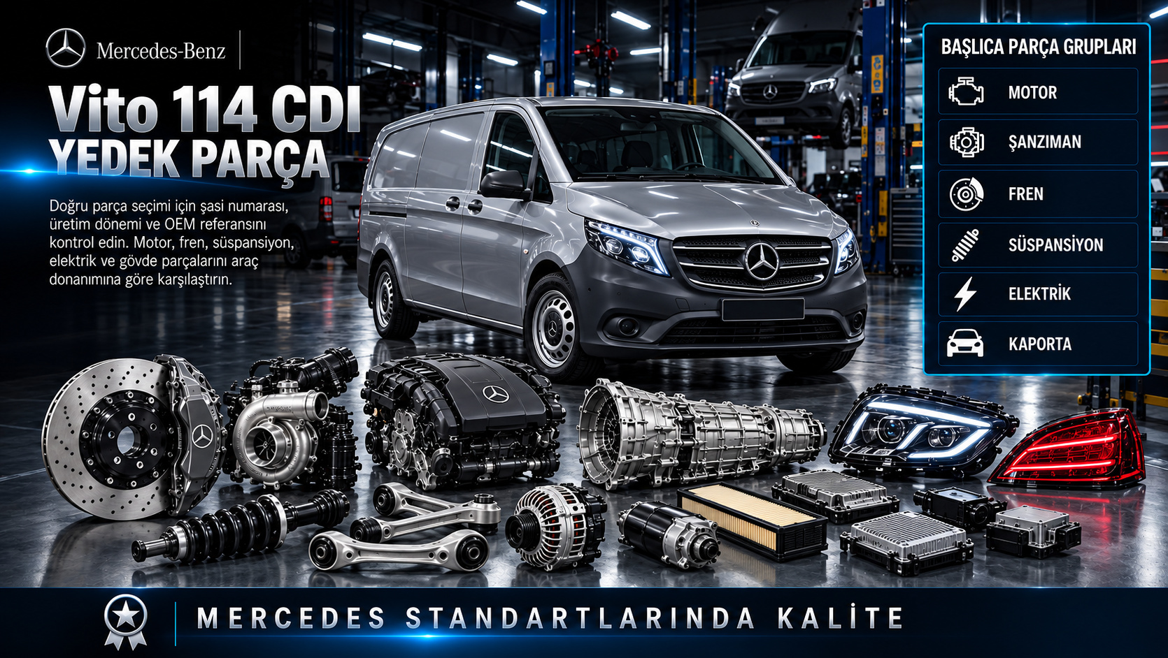 Mercedes Vito 114 CDI Yedek Parça: motor, aktarma, fren, süspansiyon ve gövde parçaları