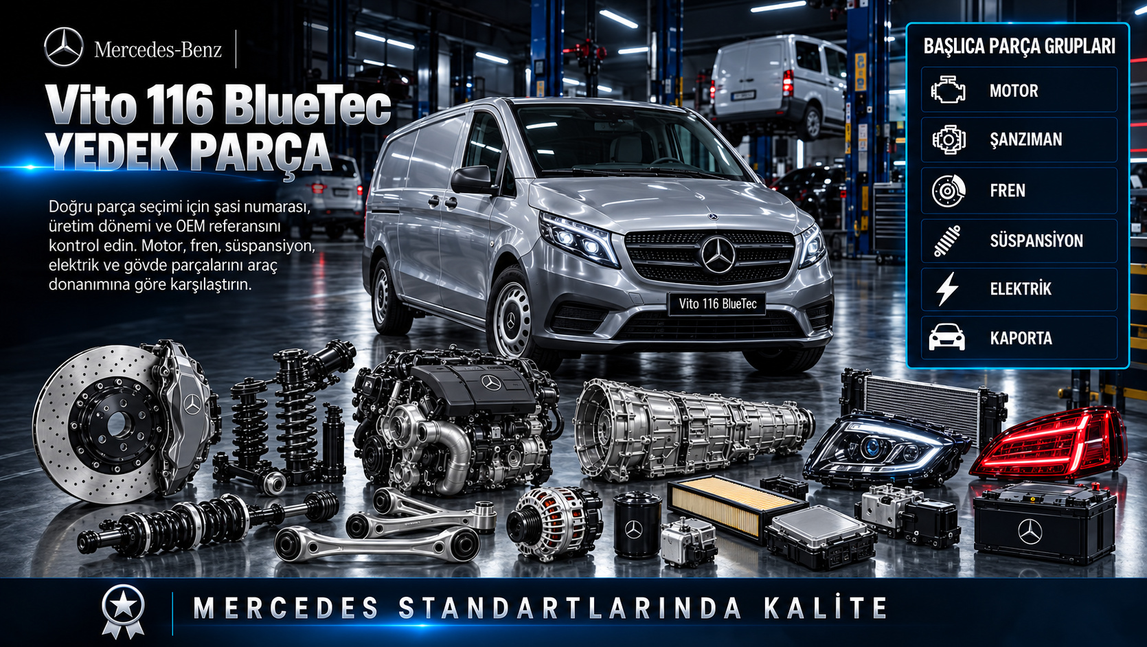 Mercedes Vito 116 BlueTec dizel motor, emisyon, şanzıman ve kapı yedek parçaları