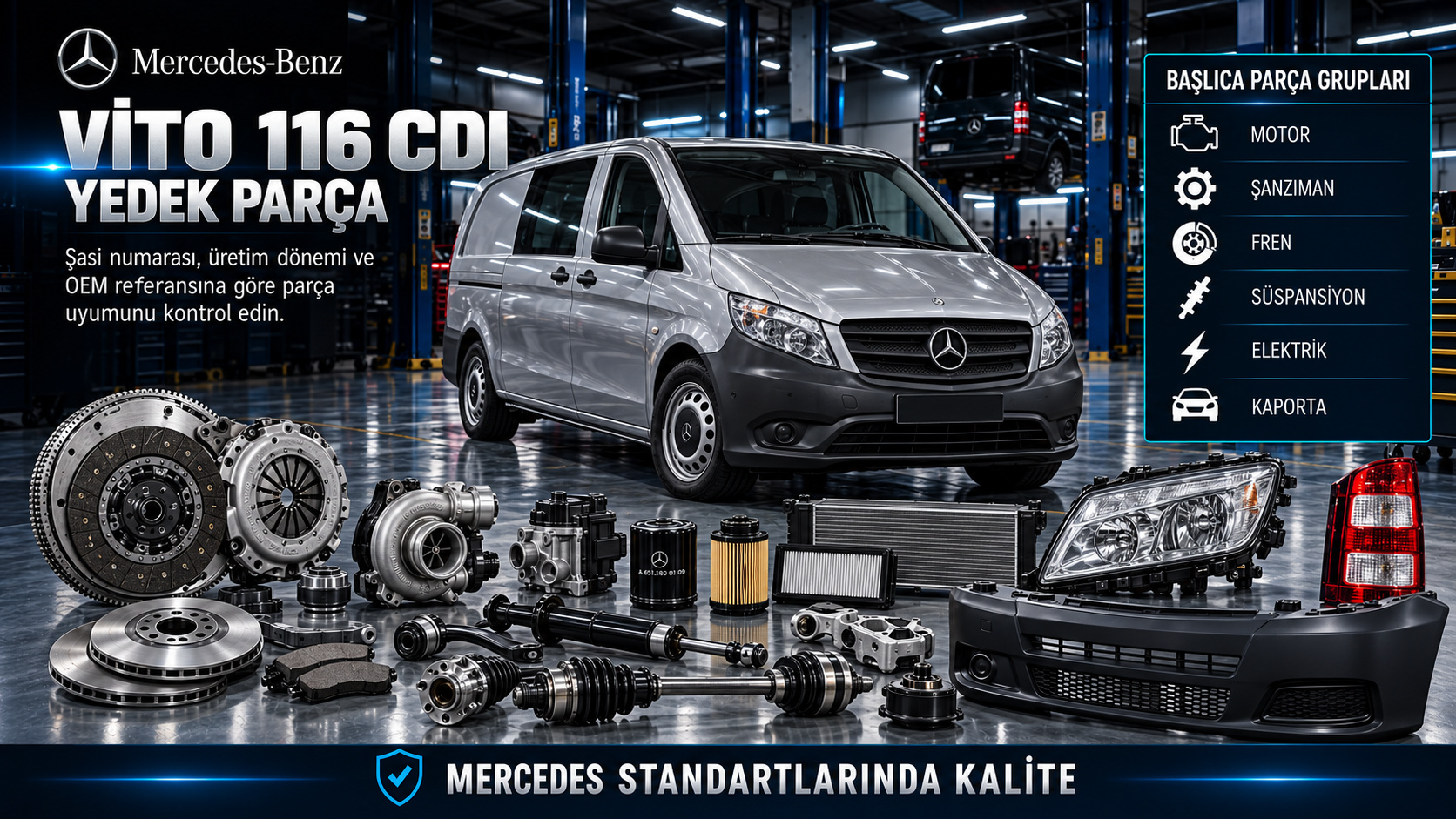 Mercedes Vito 116 CDI dizel motor, turbo, şanzıman, fren, süspansiyon ve ticari gövde parçaları