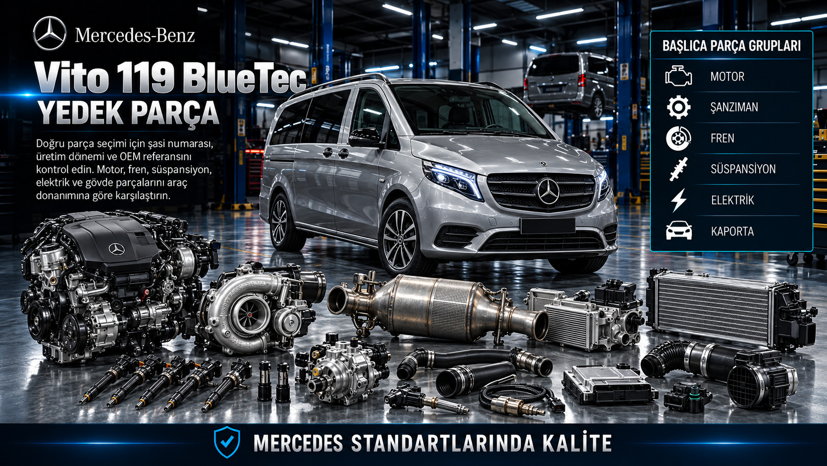 Mercedes Vito 119 BlueTec dizel motor, emisyon, şanzıman ve kapı parçaları