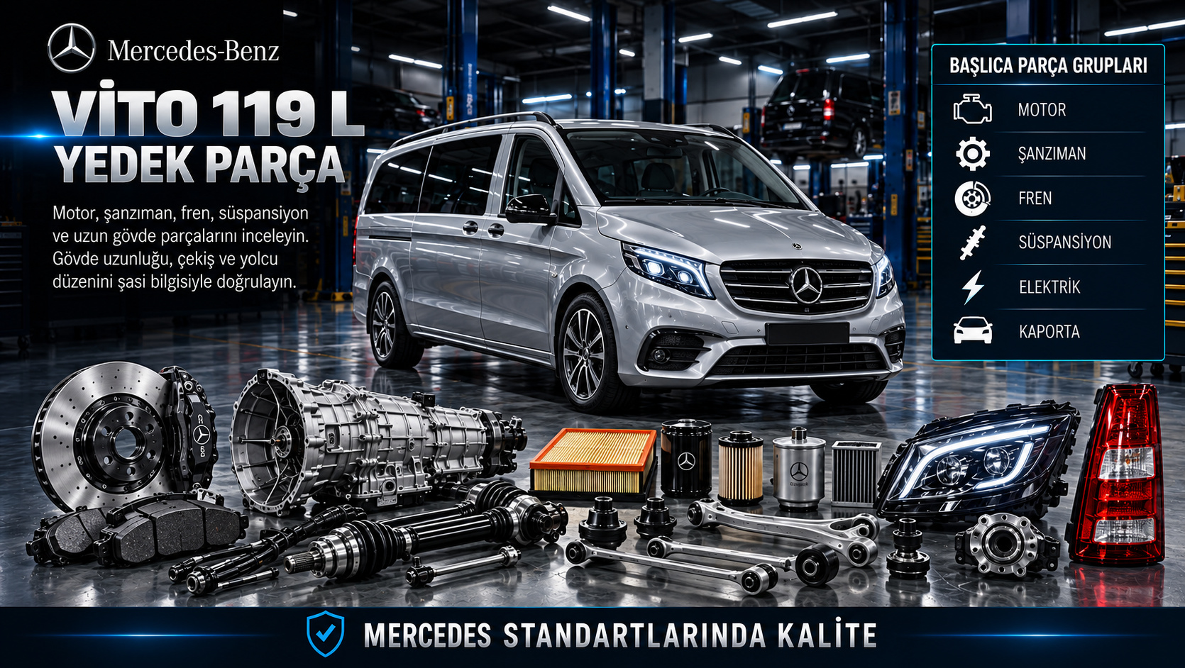 Mercedes Vito 119 L motor, şanzıman, fren, süspansiyon ve uzun gövde parçaları