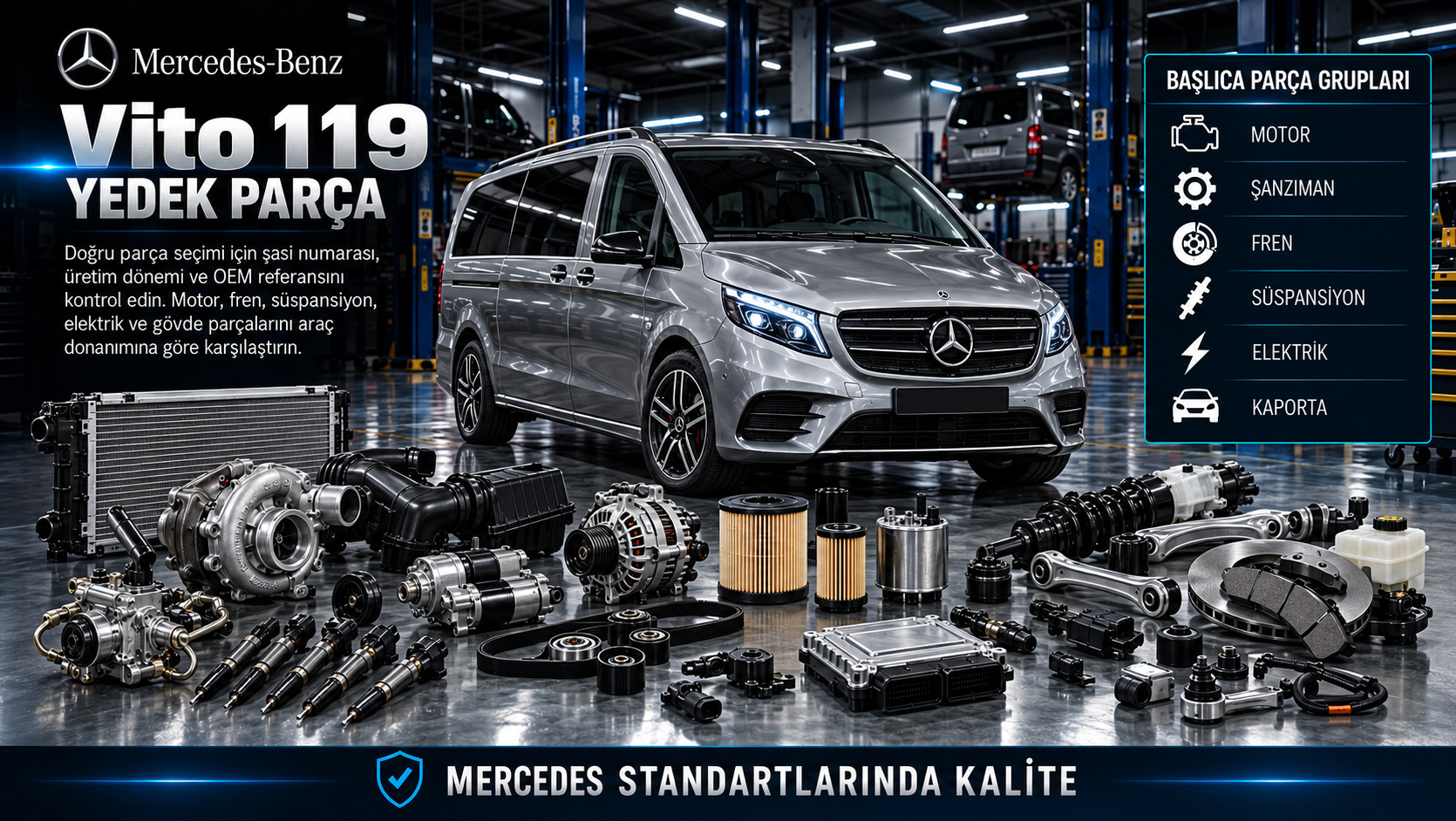 Mercedes Vito 119 motor, şanzıman, fren, süspansiyon ve kapı parçaları