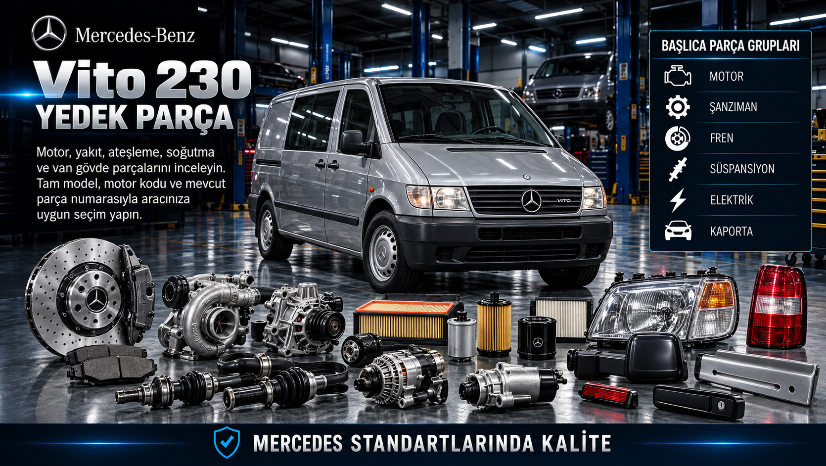 Mercedes Vito 230 motor, yakıt, soğutma, debriyaj, fren ve van gövde parçaları