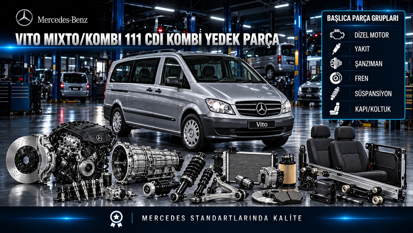 Mercedes Vito Mixto Kombi 111 CDI araç ve dizel motor, koltuk, kapı, fren yedek parça grupları