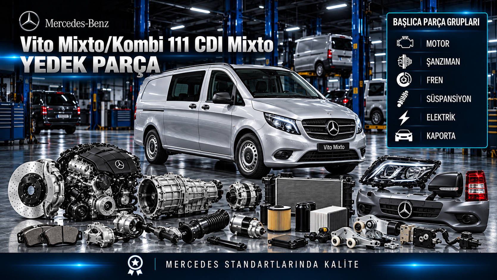 Mercedes-Benz Vito Mixto Kombi 111 CDI Mixto için motor, fren, kapı, koltuk ve yük alanı parçaları