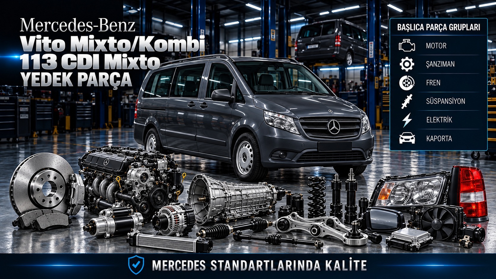 Mercedes-Benz Vito Mixto Kombi 113 CDI motor, aktarma, fren ve karma kullanım gövde parçaları
