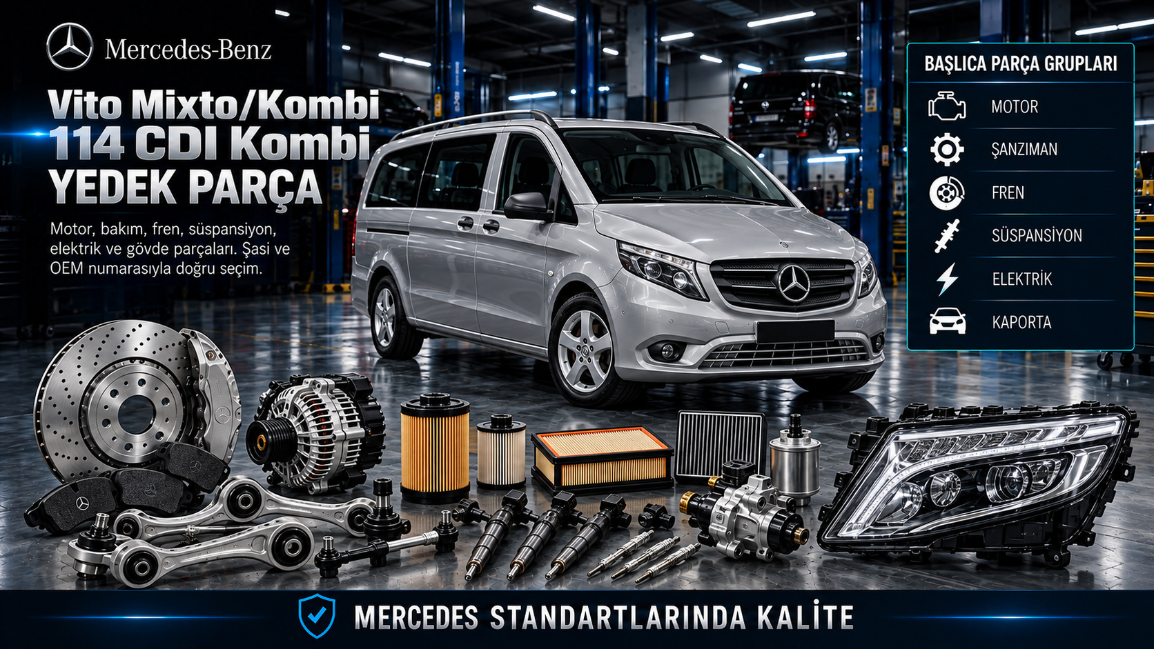 Mercedes Vito Mixto Kombi 114 CDI dizel motor, fren, süspansiyon, sürgülü kapı ve yolcu bölümü parçaları