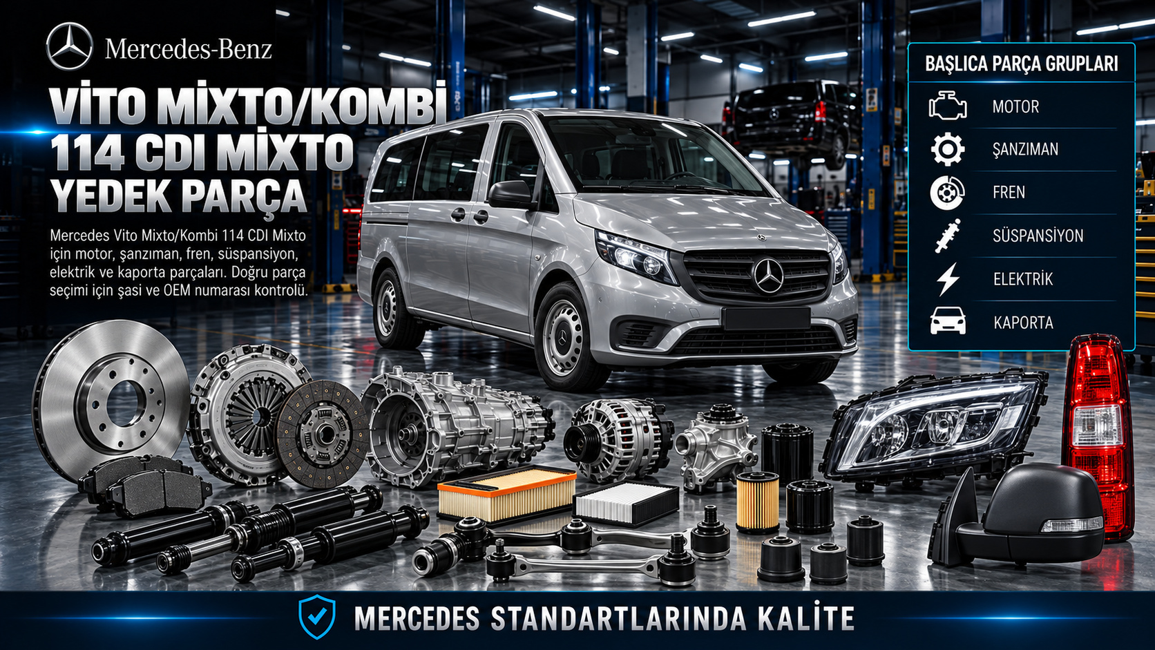 Mercedes Vito 114 CDI Mixto motor, fren, kapı ve ticari gövde parçaları
