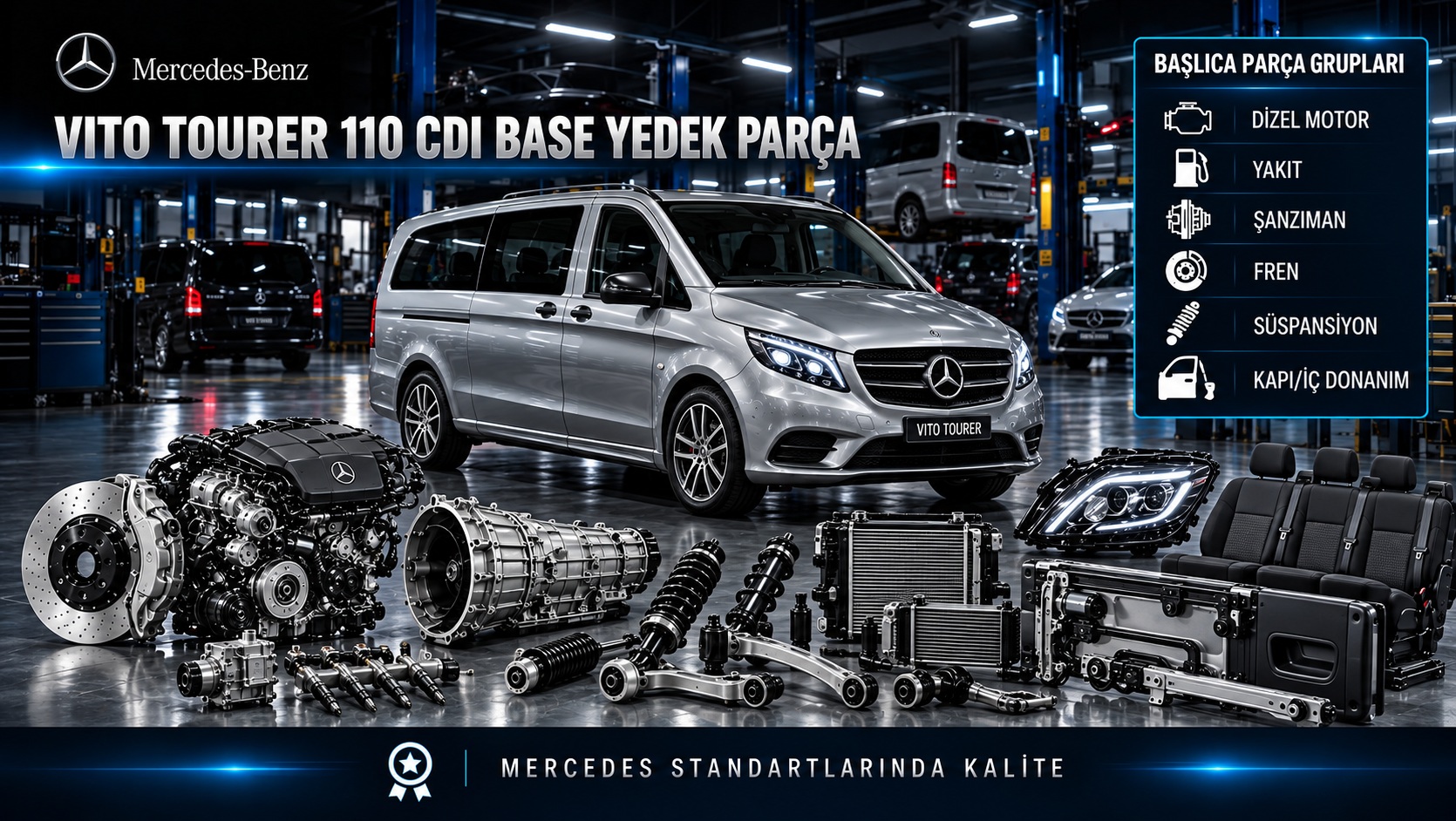 Mercedes Vito Tourer 110 CDI Base yolcu vanı ve dizel motor, fren, süspansiyon, koltuk parçaları