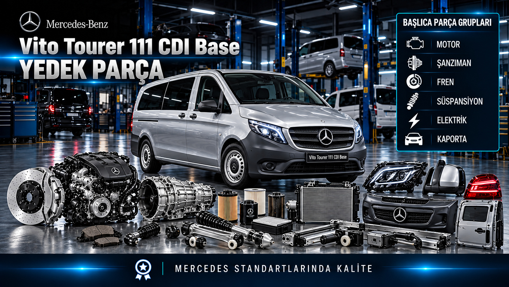 Mercedes-Benz Vito Tourer 111 CDI Base için dizel motor, fren, süspansiyon ve yolcu kabini parçaları