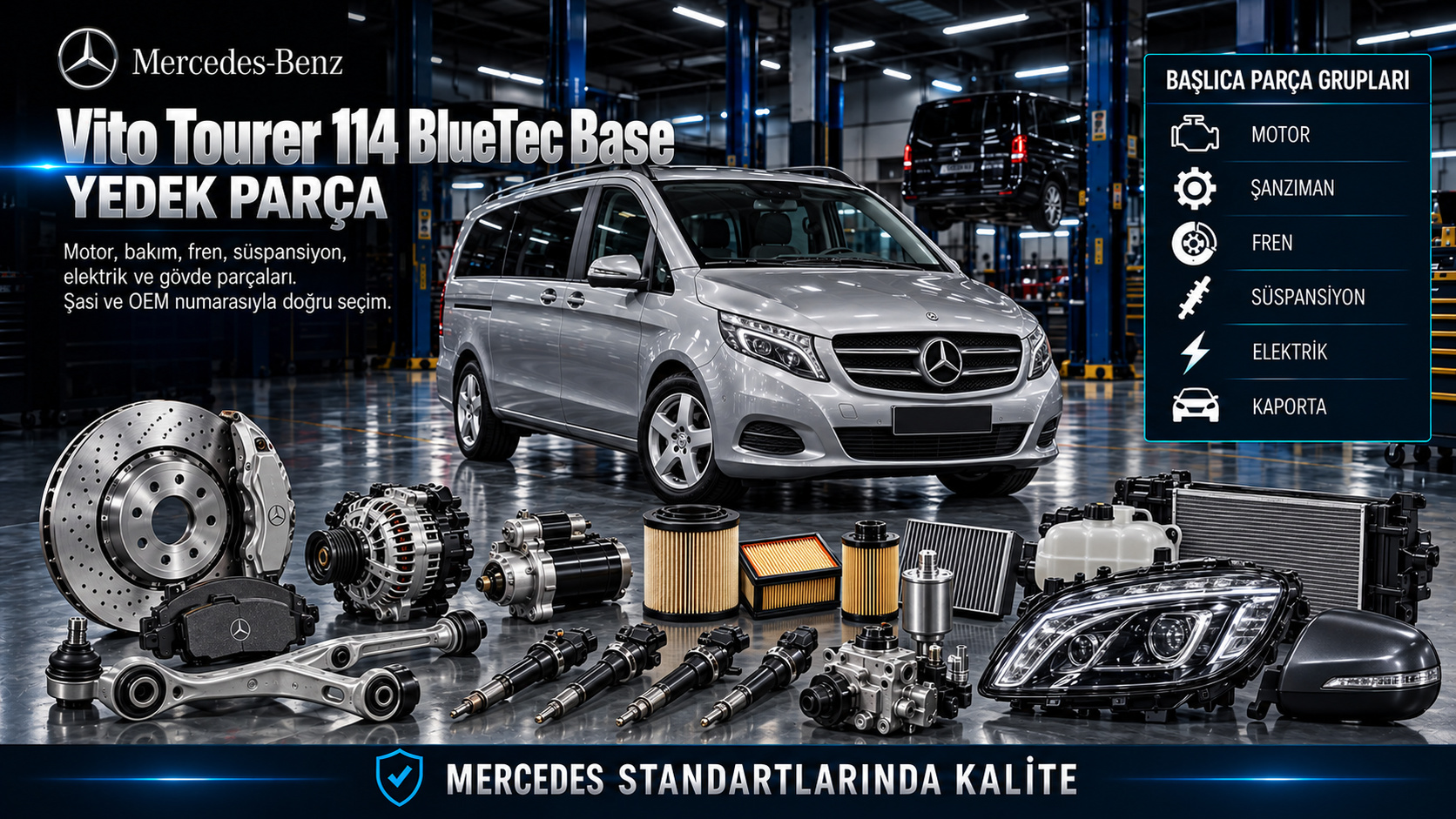 Mercedes Vito Tourer 114 BlueTec Base motor, emisyon sistemi, fren, klima ve yolcu kabini yedek parçaları