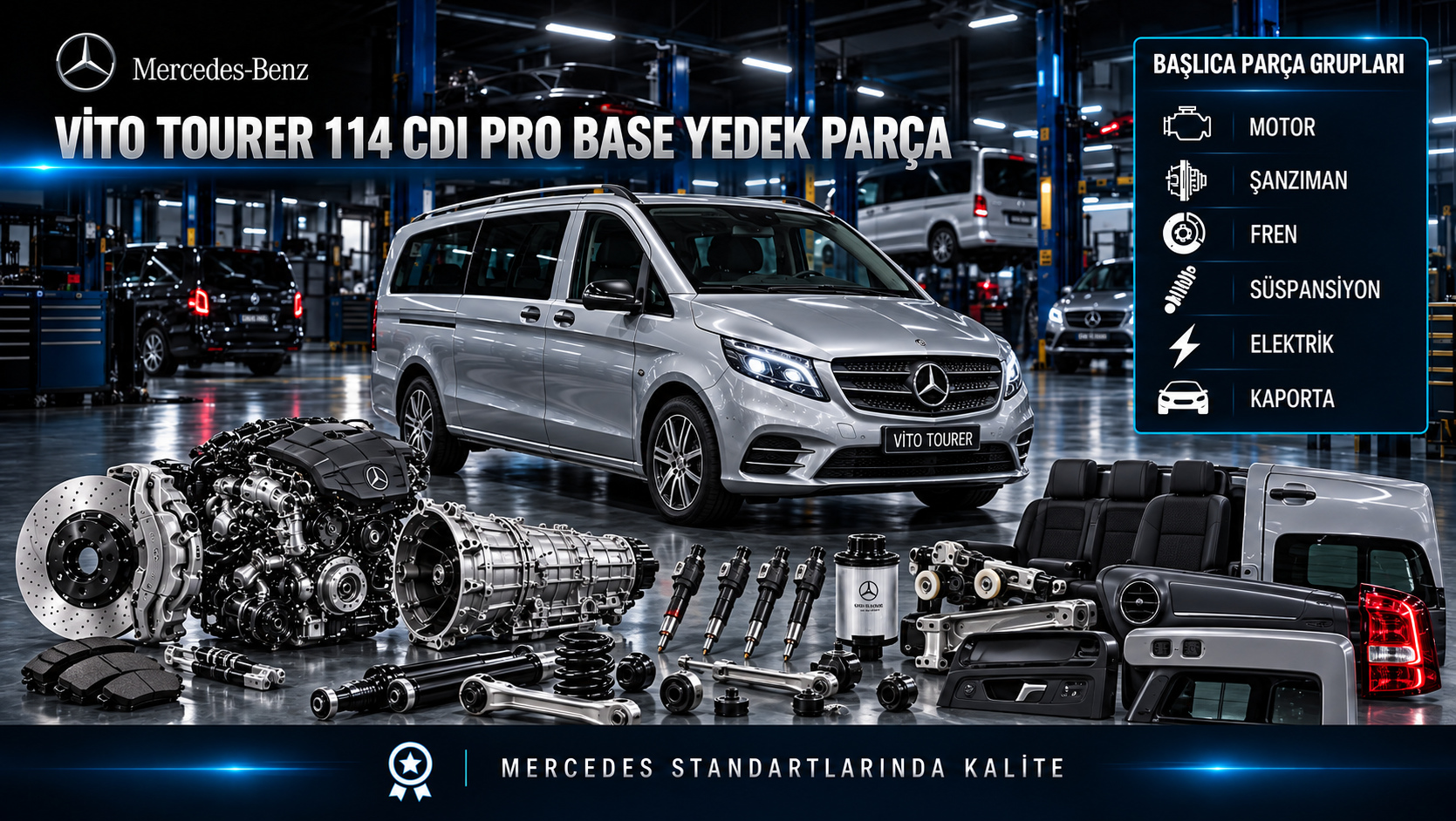 Mercedes Vito Tourer 114 CDI Pro Base motor, bakım, fren, klima ve yolcu kabini parçaları