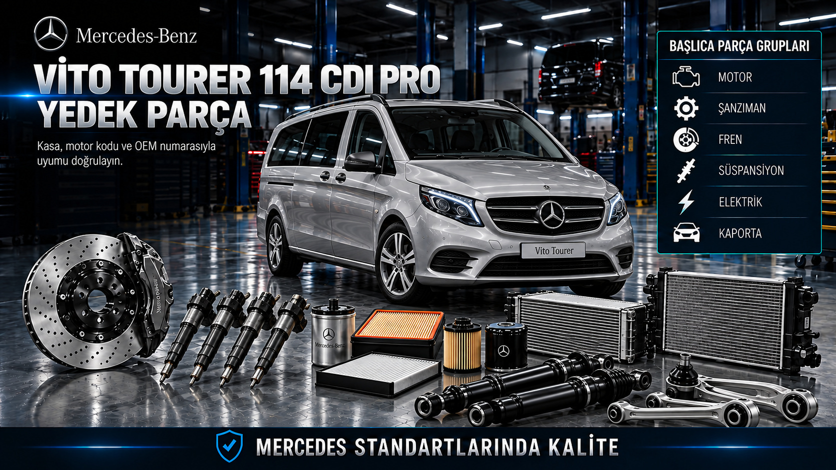 Mercedes Vito Tourer 114 CDI Pro dizel bakım, yolcu donanımı, klima, kapı ve süspansiyon parçaları