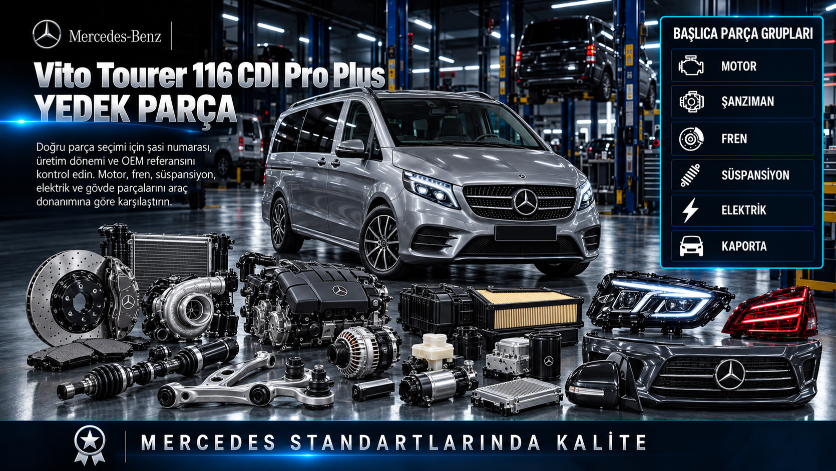 Mercedes Vito Tourer 116 CDI Pro Plus Yedek Parça: motor, aktarma, fren, süspansiyon ve gövde parçaları