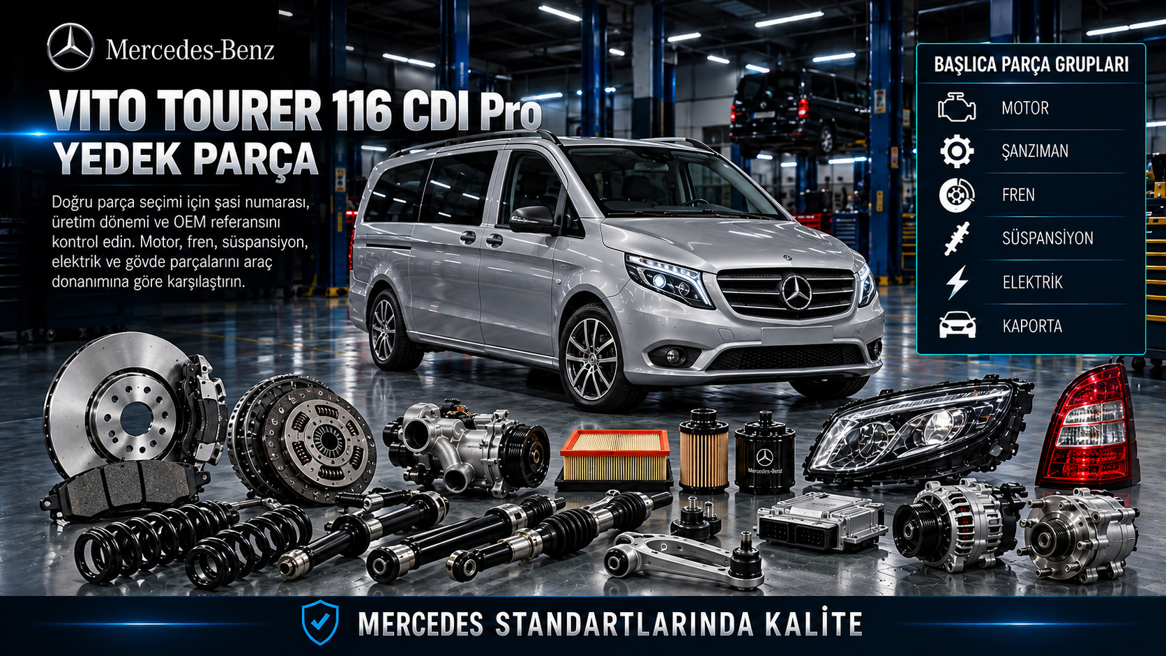 Mercedes Vito Tourer 116 CDI Pro Yedek Parça: araç ve ilgili motor, fren, süspansiyon, elektrik ve gövde parçaları