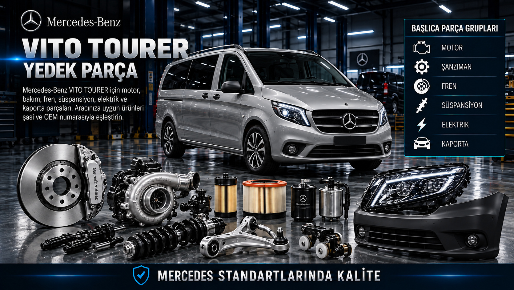 Mercedes-Benz Vito Tourer için kasa ve yolcu donanımına göre bakım, fren, süspansiyon ve kabin parçaları