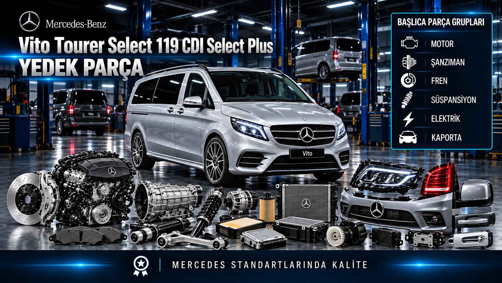 Mercedes-Benz Vito Tourer Select 119 CDI Select Plus için motor, bakım, şasi ve yolcu konfor parçaları