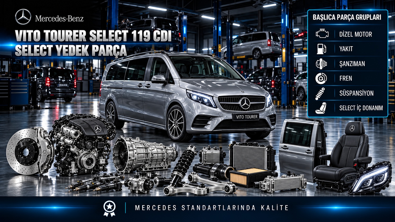 Mercedes Vito Tourer Select 119 CDI ve dizel motor, konfor donanımı, fren, süspansiyon parçaları