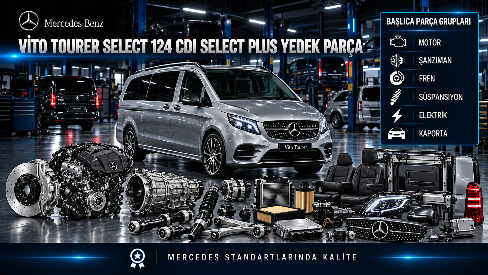 Mercedes Vito Tourer Select 124 CDI Select Plus motor, bakım, konfor ve yolcu kabini parçaları