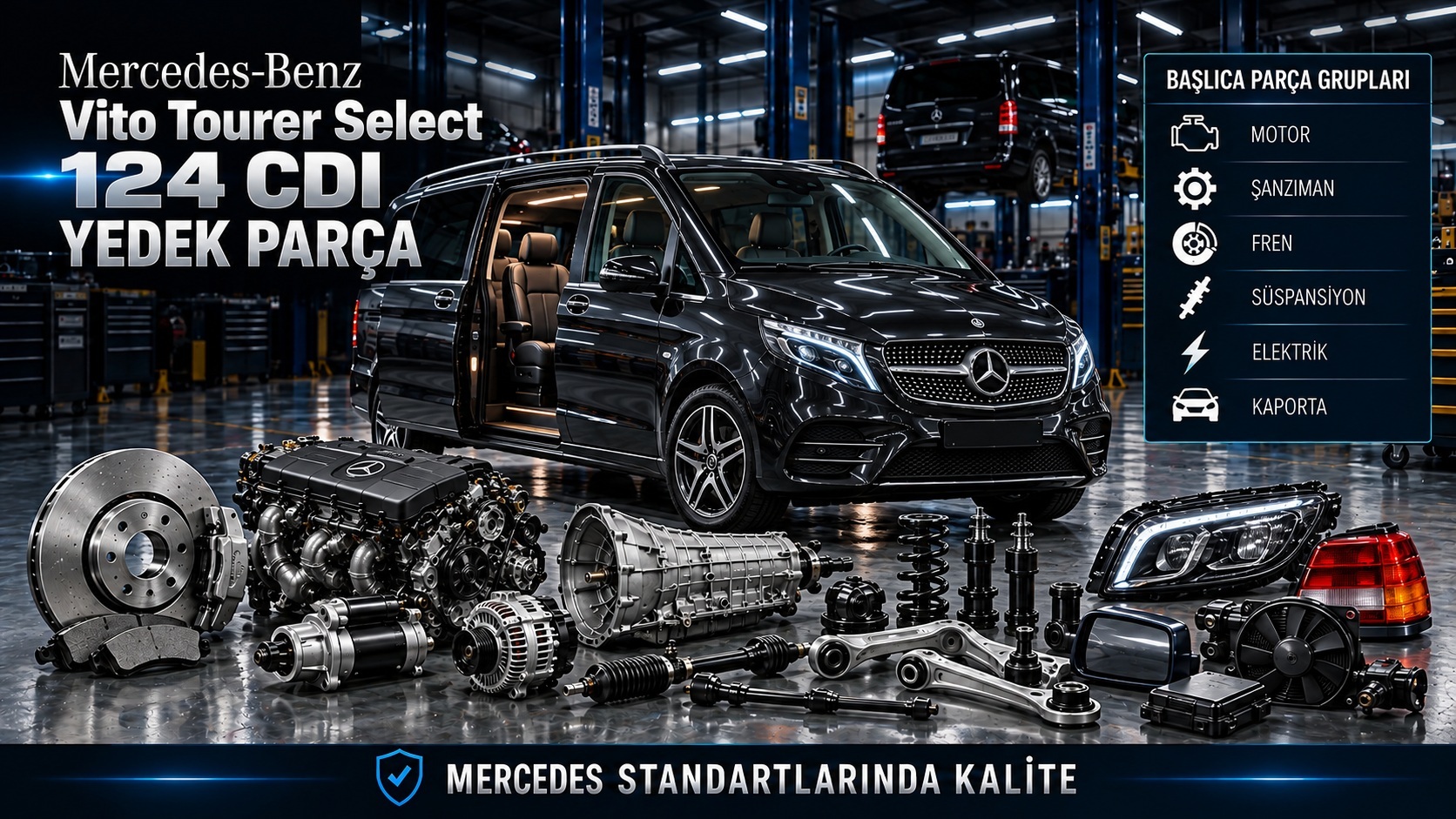 Mercedes-Benz Vito Tourer Select 124 CDI motor, aktarma, fren ve konfor donanımı parçaları