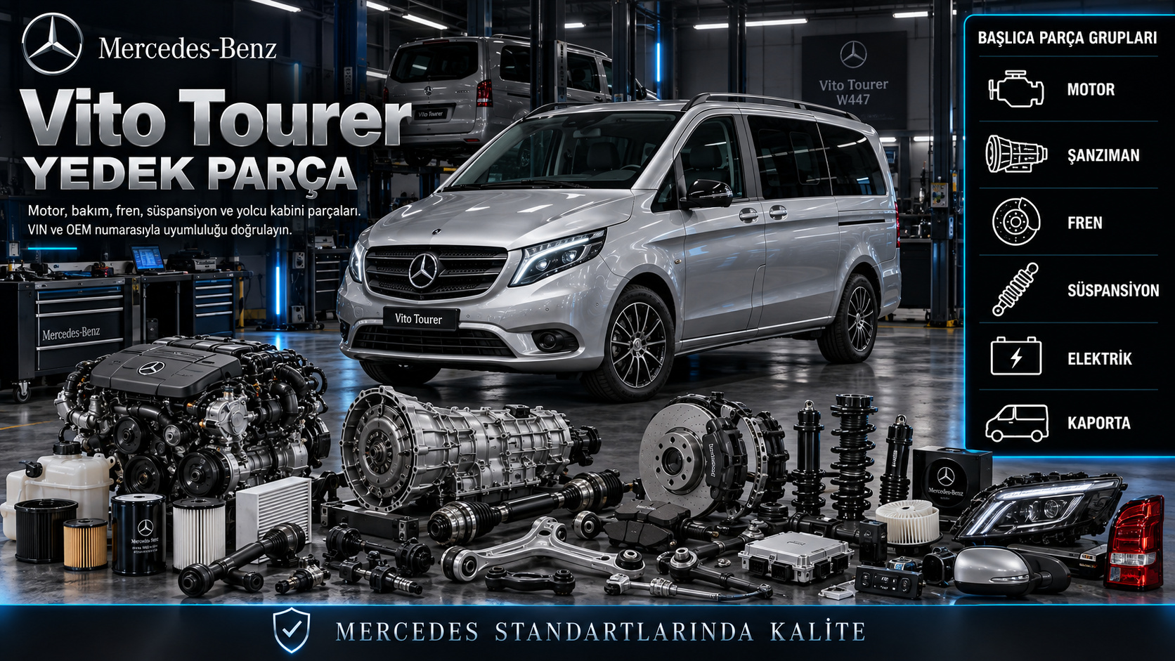 Mercedes Vito Tourer motor, bakım, fren, süspansiyon, kapı ve yolcu kabini parçaları