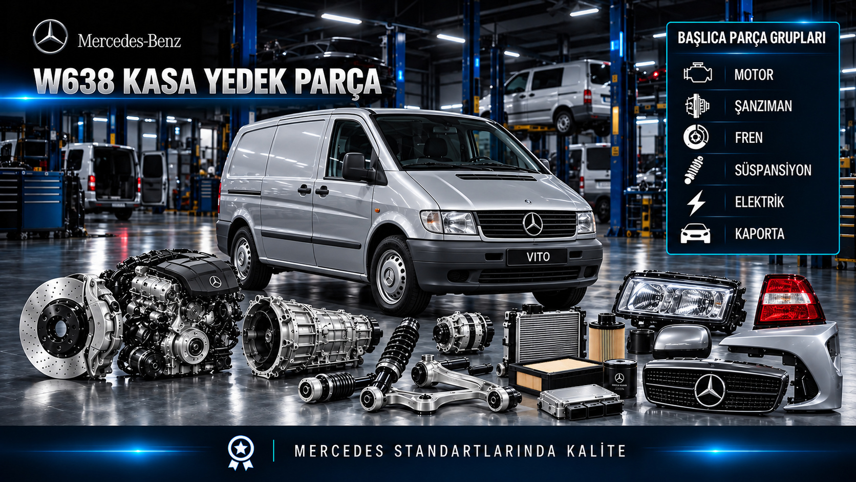 Mercedes Vito W638 panelvan motor, bakım, fren, süspansiyon ve yük bölümü parçaları